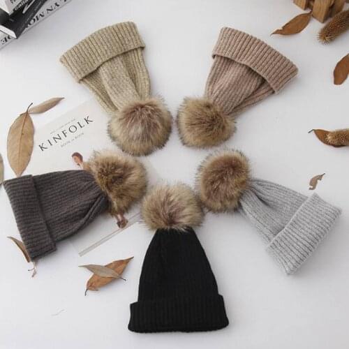 New Winter Female Fur Pompoms Solid Color Hats for Women Girl 's Knitted Beanies Warm Cap Thick Women Hedging Caps