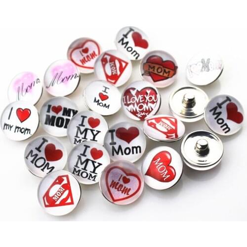 New Mix Random 50 pcs/lot I Love my Mom Glass Snap Buttons Mothers Day Snap Buttons for Bracelet 18mm