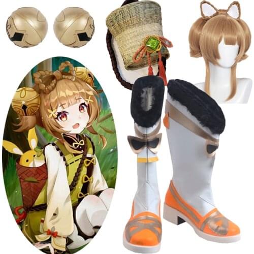 Genshin Impact Yaoyao Cosplay Back basket 40cm Brown Wig Game Yaoyao Cosplay Shoes Boots Halloween Carnival Costume Accessories