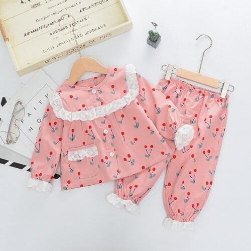 Girl cotton lace home service Girl fruit print pajamas sleep pants two-piece Girl cotton fashion pajamas set Lace decoration set