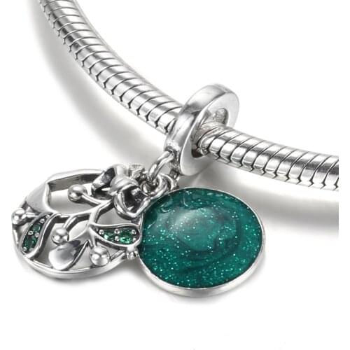 Authentic S925 Pendant Bead Christmas Mistletoe Dangle Charm fit Lady Bracelet & Bangle DIY Jewelry