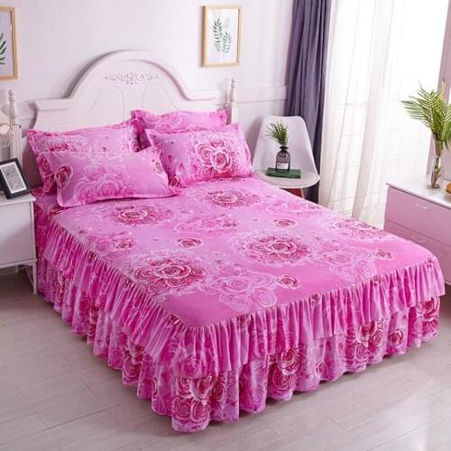 Princess Floral Printed Bed Skirt Double Layers Bed Skirt Bedroom Bed Cover Non-slip Mattress Cover Skirt Bedspread Bedsheet