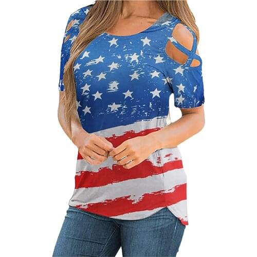 Casual Ladies New Summer Womens Fashion American Independence Day Printed Short-Sleeve Daily O-Neck Tops Hollow T-Shirt Loose