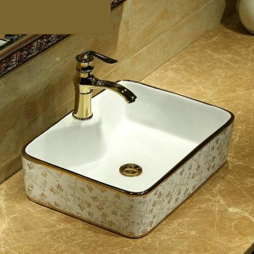 Rectangular Artistic gold Handmade Ceramic washing basin Bathroom wash basin Sink Counter top painted chinese bathroom sink