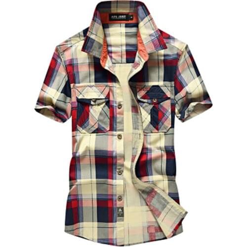 Casual Dress Shirts Men Summer Plaid Short Sleeves Cotton Breathable Brand Quality Military Mens Shirt Size S-4XL chemise homme