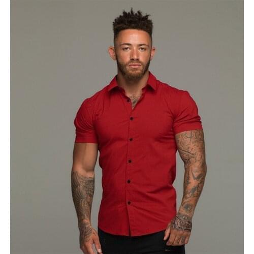 Summer Fashion Short Sleeve Shirt Men Solid Super Slim Fit Casual Social Business Dress Shirt Men Gym Fitness Sports Clothing