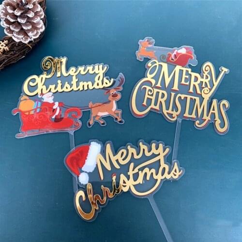 New Color Merry Christmas Cake Topper Golden Acrylic Sleigh Xmas cake Topper Cake flags For birthday Xmas party cakes decoration
