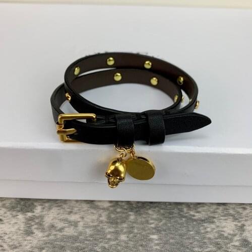 Vintage Gold Color Steam Punk Hip-Hop Design Sukll Black Leather Bracelet Big Bangle Choker Screw Top Hot Brand Jewelry