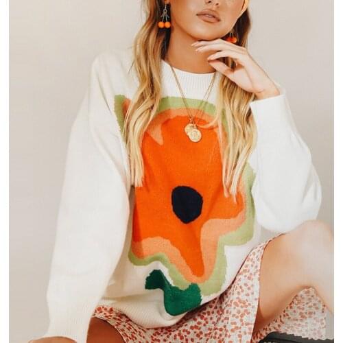 Patchwork Floral Knitted Oversized Long Sleeve Pullover Sweater Women Autumn Winter Long Sleeve O Neck Loose Pull Femme Jumpers