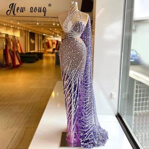 De Soiree Purple Illusion Mermaid Evening Dress 2021 Luxury Beads and pearls With Long Sleeve Prom Gown Vestidos De Fiesta Dubai