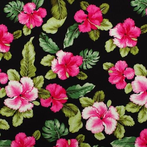 1 Yard Cotton Poplin Fabric for Sewing Patchwork, Dress, Cloth - Flower and Leave on Black Background (width=140cm)