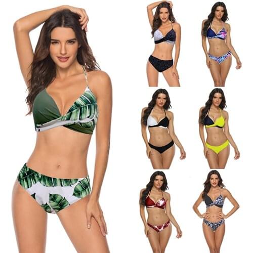 High Waist 2 Piece Bikini Solid Patchwork Swimsuit Women Swimwear Print Bikini Set Female Lace up Backless Beach Bathing Suit