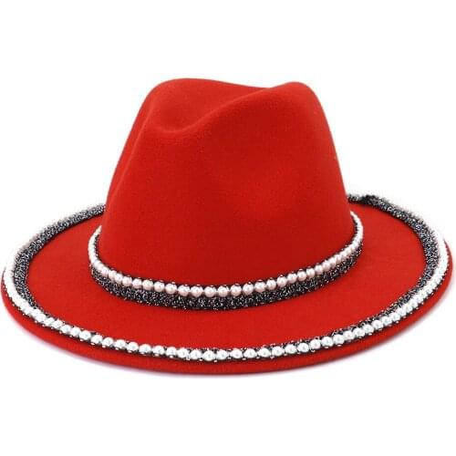 Big brimmed hat womens fashion pearl woolen jazz hat autumn and winter ladies small fragrance top hat Panama wedding hat