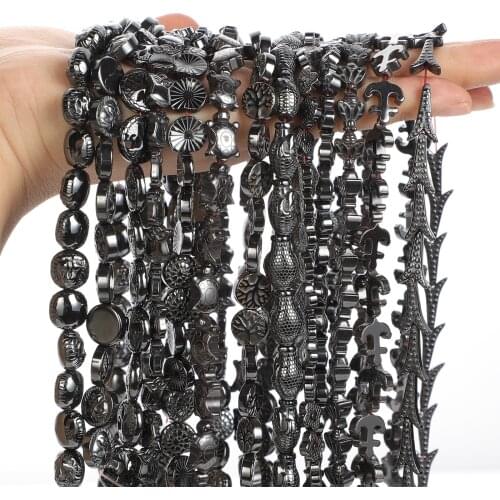 Carving Animal Plant Anchor Black Hematite Natural Stone Beads Loose Spacer Beads for Jewelry Making Bracelets Necklace DIY