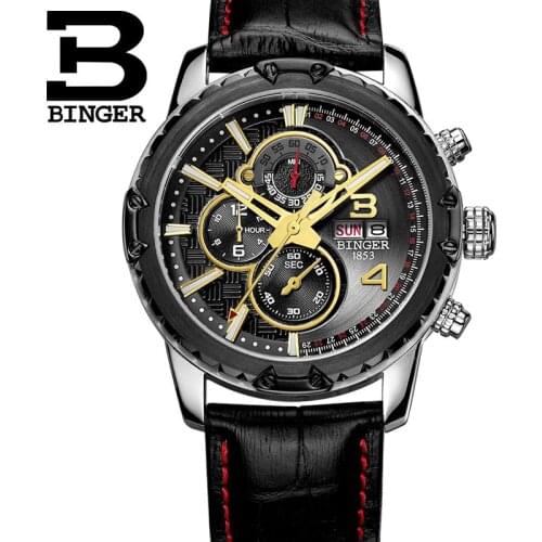 Genuine Switzerland BINGER brand Men sapphire military leather strap steel watch waterproof calendar conquer luminous stopwatch