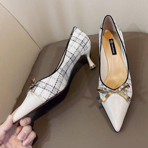 French Girls' High Heels with Pointed Toes Spring 2021 New Womens Shoes Elegant Bow Thin Single Shoes Women Shoes
