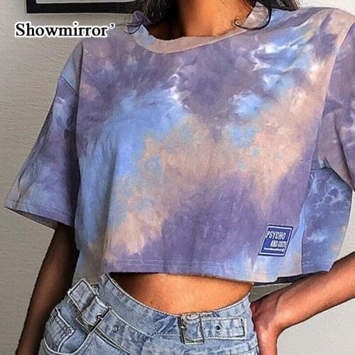 Showmirror Casual Tie Dye 100% Cotton T-Shirt Women Short Sleeve Baggy Crop Top Summer Fashion Streetwear 2021 Clothing TS33476
