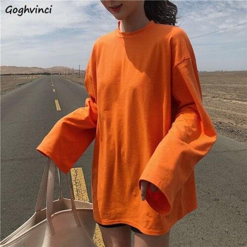 T-shirts Women Solid Long Sleeves BF Couple Unisex All-match Daily Casual Loose Womens Simple Harajuku Ins Spring Chic Trendy