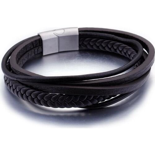 GNAYY Mens Black multilayer Genuine leather with Stainless steel Fashion gold /black Clasp Charms bracelet 13mm 8.66