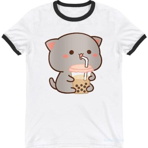 2021 Hot Sale Peach And Goma Mochi Cat Cartoon Print Tshirts WomenS Clothing Kawaii Boba White T Shirt Femme Summer Tops Tee