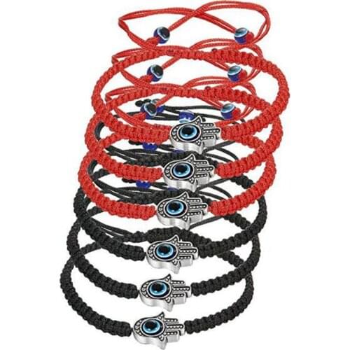 LOYALLOOK 6pcs Braided String Kabbalah Bracelets Rotating Evil Eye Hamsa Hand For Protection Bracelet Red/Black String C-021