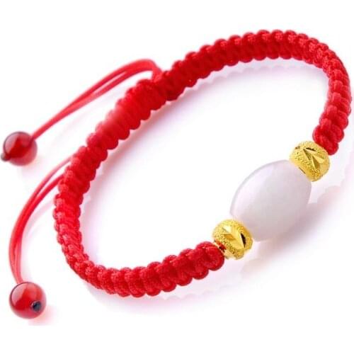 Solid 24K Yellow Gold 2pcs Beads with Jade Bead Red Knitted Lucky Bracelet