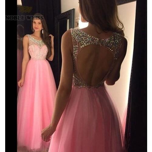 Prom dresses 2019 o-neck pink tulle vestido de gala floor-length sexy bare back beading prom dress a-line party dress