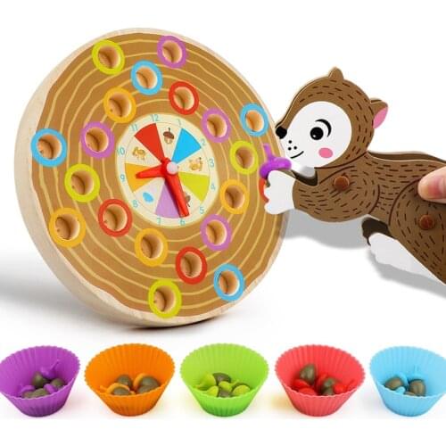 Early Education Kids Wooden Toy Educational Toy Squirrel Clip Bead Pine Nuts Color Cognition Stability Exercise Gift Interactive