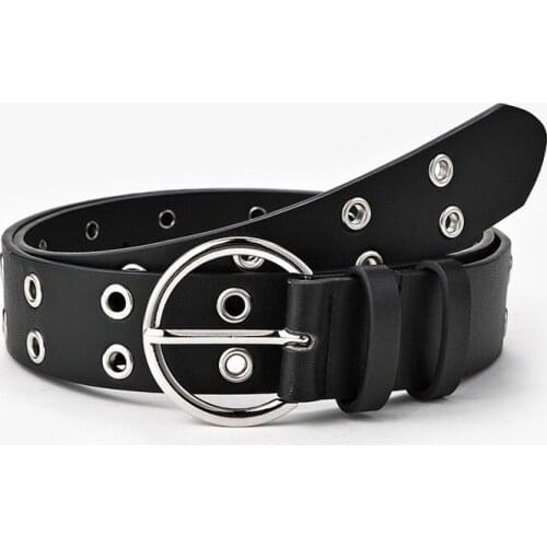 Fashion Men Women Punk Belt Round Buckle Adjustable Double Single Eyelet Grommet Metal Buckle Leather Waistband For Jeans