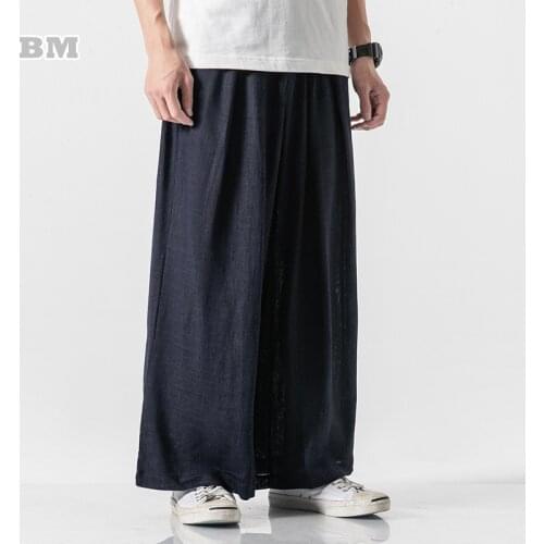 Spring Autumn Ice Silk Casual Trousers Chinese Style Plus Size Linen Straight Wide Pants Men Clothing Tai Chi Kung Fu Pants