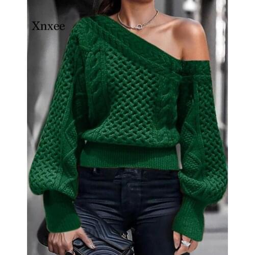 Spring Long Lantern Sleeve One Shoulder Sweater Womens Knit Tops Long Loose Soft Fall Winter Clothes Pullover Sweater Blouses