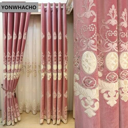 Custom curtains noble Luxury Velvet Patch Embroidery Modern Minimalist pink thick cloth blackout curtain tulle drapes N537