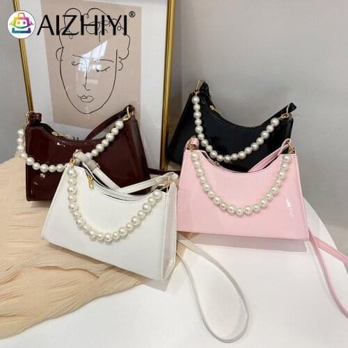Fashion Women PU Leather Pure Color Shiny Shoulder Crossbody Messenger Bag Casual Ladies Pearl Chain Small Hobos Handbag Purse