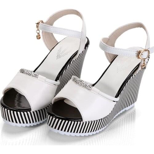 2021 Summer New Style Women Super High Heels Sandals WOMENS Wedge Shoes Buckle Diamond Stripes Fish Mouth Platform Rome Shoes