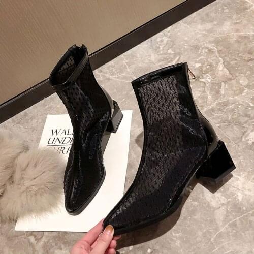 Brand Design Round Toe Knee High Boots Women Fashion Mesh Leather Thick Heel Long Boots Women 2021 Summer New Shoes Black