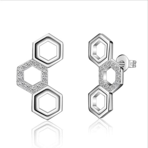 TJP Charm Crystal Geometric Rose Gold Stud Earrings For Women Party Accessories Female Fashion 925 Silver Earrings Girl Birthday