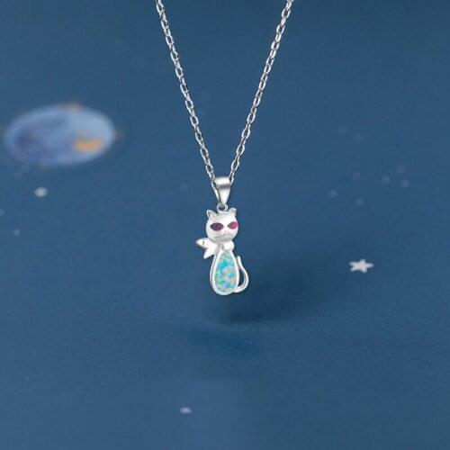 Cute Cat Wholesale Retail Color Fire Opal stamp Silver Ladys Necklaces Pendants Fashion jewelry OP437