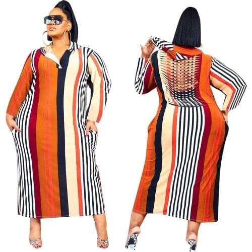 Striped Printed Vintage Dress Women Long Sleeve Hooded Autumn Elegant Hollow Out Loose Dresses Casual Vestidos Plus Size 5XL