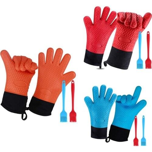 1 Pair Silicone Cooking Gloves(with 2 Pcs Pastry Brush),BBQ Grilling Smoker Gloves,Oven Mitts with Cotton Lining