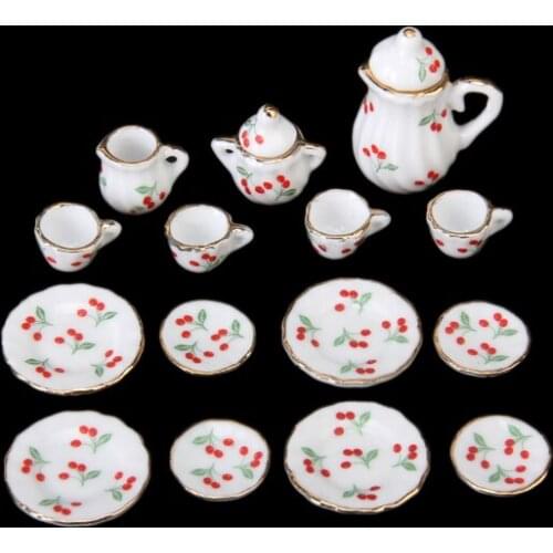 15Pcs 1/12 Scale Dollhouse Miniature Red Cherry Dining Ware Porcelain Tea Set Dish Cup Plate Kids Pretend Play Toys