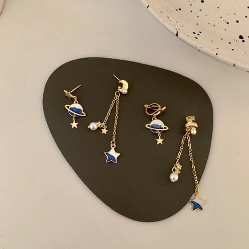 2021 Fashion Simple Asymmetric Enamel Star Planet Drop Earrings Long Chain Dangle Earring for Women Temperament Jewelry