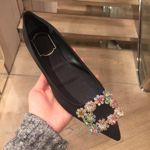 2021 New Rhinestone Square Buckle Pumps Women Pointed Toe Wedding Shoes Party Ladies Satin Shoes Women zapatos femenino