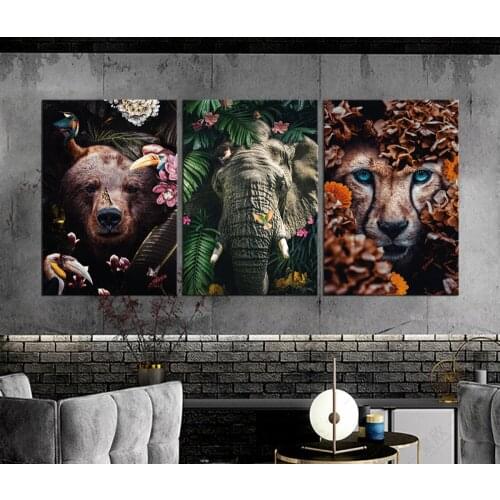 3 Piece HD Animal Canvas Tropical Wall Art Bear Tiger Elephant Lion Birds Landscape Posters-NO FRAME
