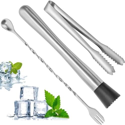 3PCS Cocktail Supplies Stainless Steel Professional Cocktail Muddler Set Barware Set Cocktail Mixing Spoon Ice Tongs Bar Tools