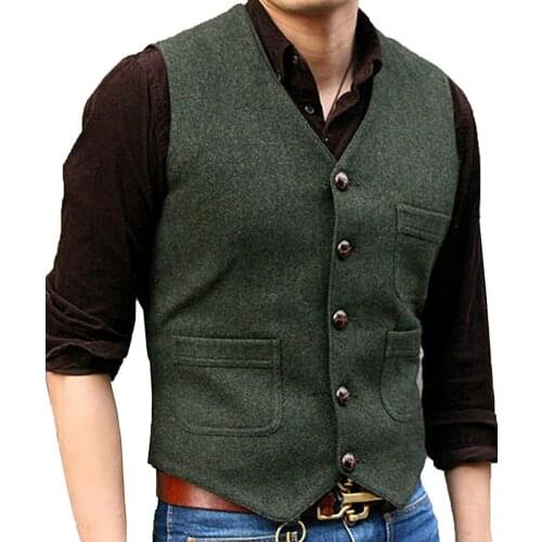 Formal V Neck Mens Suit Wool Herringbone Tweed Casual Waistcoat Formal Business Vest Groomman For Wedding