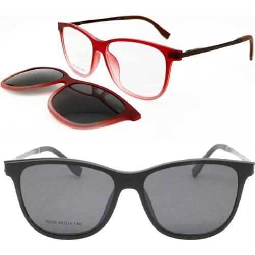 TR90 flexible metal temple prescription glasses 6209 with megnatic clip on removable polarized sunglasses lens 2 in 1 eyeglasses