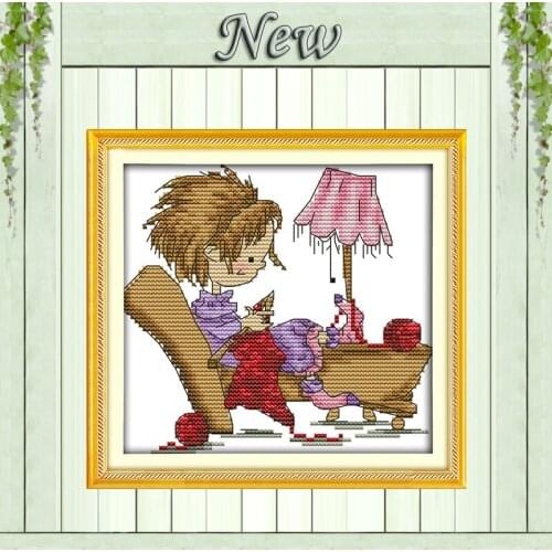 Learn knitting cartoon girl home decor painting Counted printed on canvas 14CT 11CT Cross Stitch Needlework kits Embroidery Sets