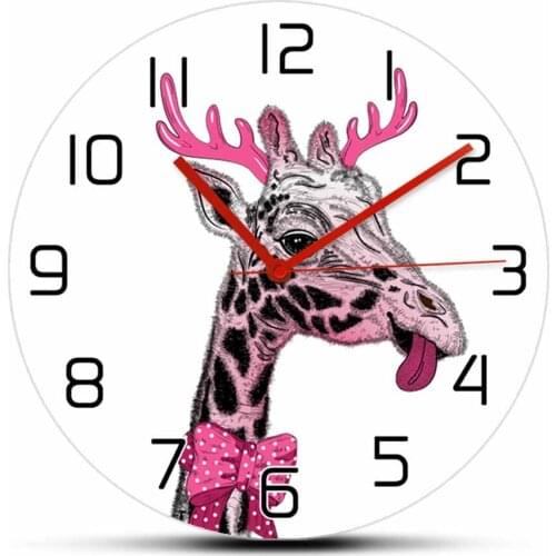 Cute Pink Giraffe With Horns Exclusive Wall Clock For Girls Room Safari Baby Animal Nursery Décor Modern Design Printed Clock
