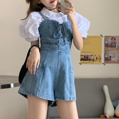 2021 New Denim Shorts Lace Up Bandage Suspender Denim Shorts Chic Casual Mini Jumpsuit Women Rompers Overalls with free blouse