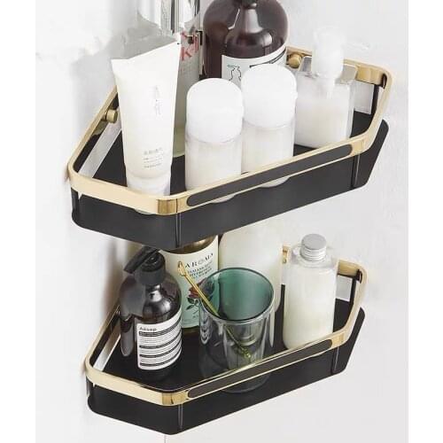 Bathroom Shelf Bath Shower Shelf Total Brass Gold and Black Bathroom Corner shelf Wall Mounted Kitchen Storage holder Luxury